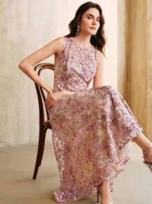 Anewsta 优雅香槟色花卉刺绣网眼无袖连衣裙，女士迷人度假装，春夏装 - 藕粉色 - 查看 4