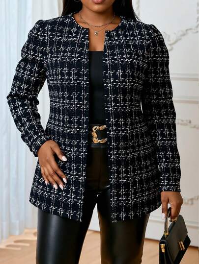 SHEIN Lady Áo khoác hở ngực họa tiết kẻ caro thanh lịch cỡ lớn cho nữ dành cho khách dự tiệc cưới, giáo viên