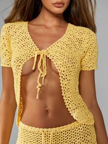 MISSGUIDED Cardigan de crochê com amarração frontal, saída de praia estilo boho, suéter de malha, roupa de praia para festivais de verão, resort, férias, moda primavera - Amarelo - Ver 4