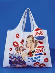 PEPSI X SHEIN 1 pieza Bolsa de compras plegable con gráfico de figura, bolso de mano con cadena de perlas, adecuado para ir al trabajo, compras, viajes, para hombres y mujeres, ligero y portátil