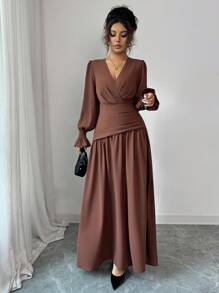 Selianne 女式优雅复古正式办公室通勤休闲节日派对咖啡棕色 V 领腰部褶皱 A 字秋季连衣裙，交叉系带和泡泡袖，秋冬 - 棕色 - 查看 7