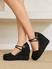 Styleloop Women's Bohemian Style Adjustable Buckle Design Casual Wedge Sandals - Black - View 1