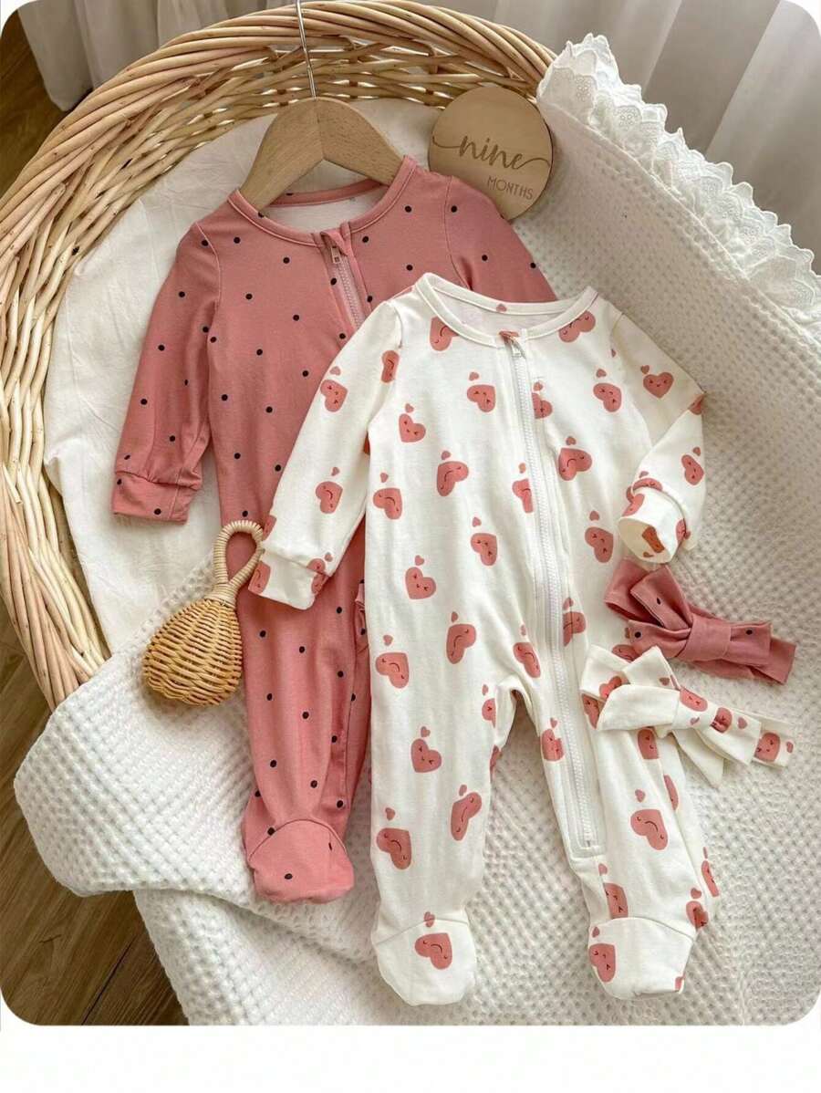 4 件套新生女婴可爱心形和波尔卡圆点拉链连体衣套装，带头带，柔软亲肤睡衣套装