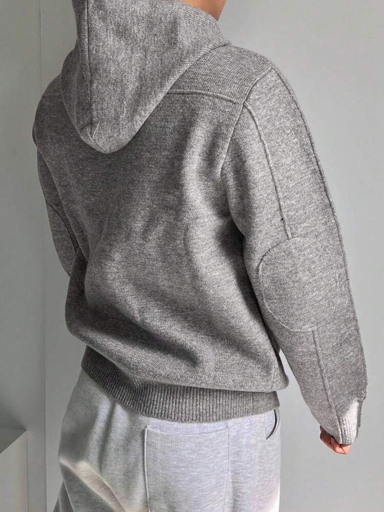 Men's Hooded Gray Long Sleeve Drawstring Sweater, Autumn