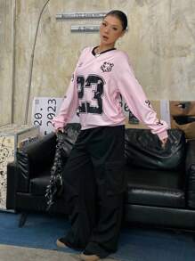 SHEIN Explorewe 1 Stück Teenager Mädchen Hoodie & Sweatshirt Co-Ords, lässiger Preppy Stil und sportlicher großer Buchstaben Aufdruck, Langarm, V-Ausschnitt, Drop-Shoulder, für Frühlung und Herbst - Verschiedenfarbig - View 8