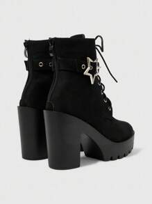 Sugerpunk 女式哥特式圆头粗跟防水台朋克靴，绒面面料，黑色高跟靴，适合派对、日常穿着、晚礼服，增高修腿 - 黑色 - 查看 3