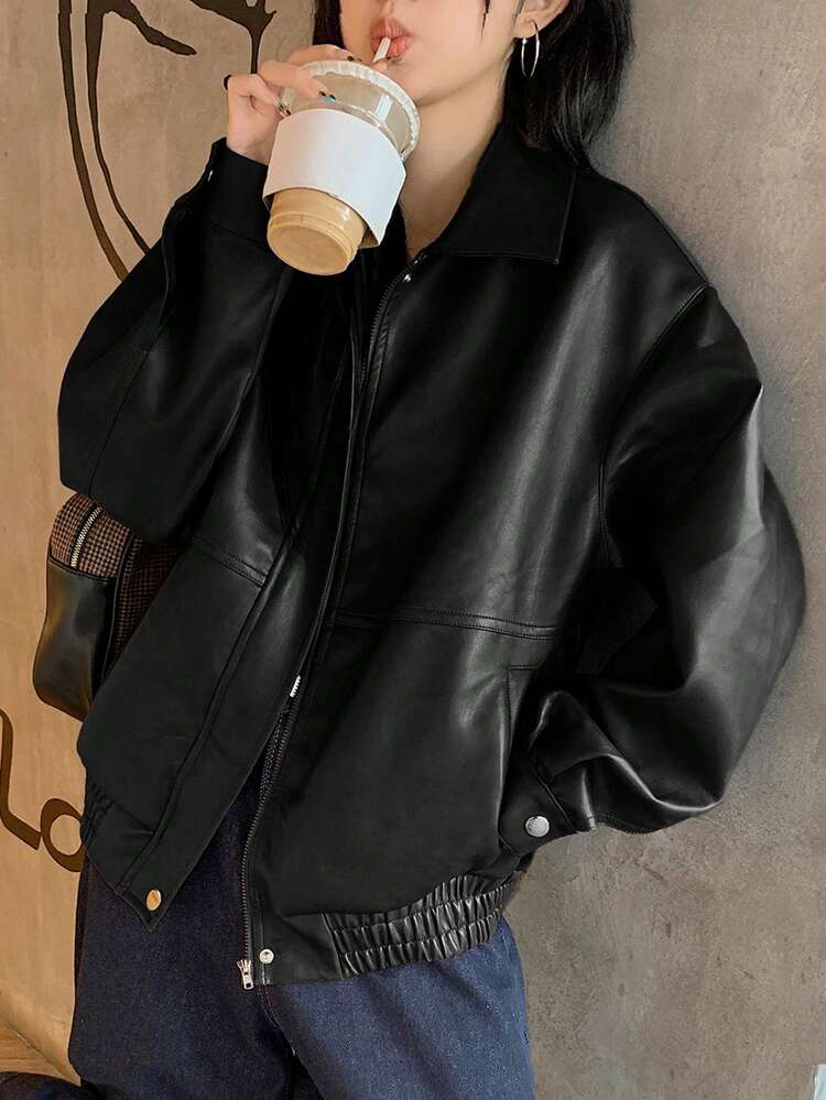 Women's Casual Solid Color Long Sleeve Loose Zip-Up PU Leather Jacket,Fall Women Clothes