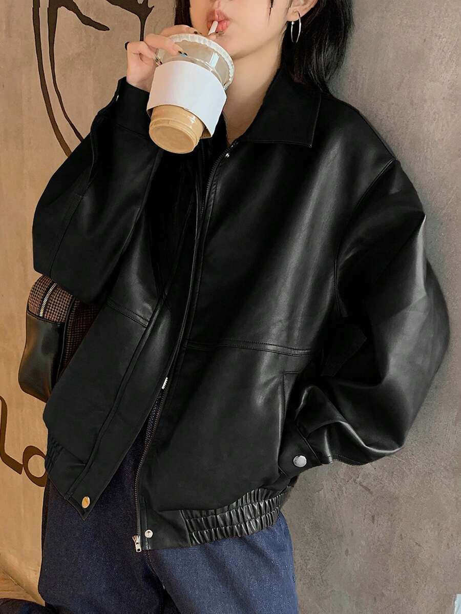 DAZY 女士休闲纯色长袖宽松拉链 PU 皮夹克，秋季女装