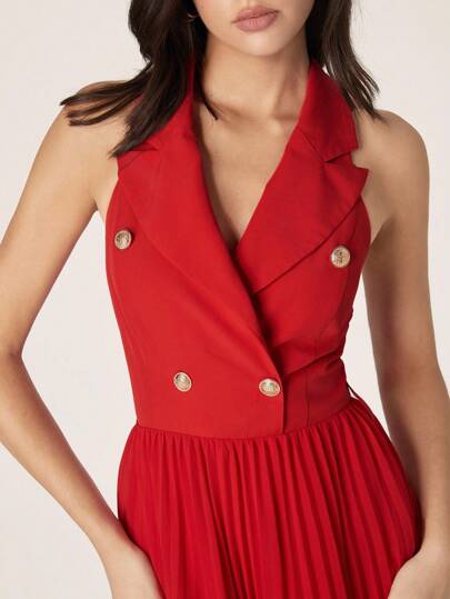 Modelyn Women's Solid Color Lapel NeckDouble-Breasted Pleated Hem Elegant Mid-Length Dress,Women's Fashion Elegant Party Grand Night Shining Autumn Women's Clothing Ladies Dress, Back To School Clothing, Fabric Is Comfortable And Soft, Gift For Mom, Back To Work Back To School Red Dress