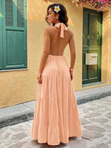 Breezaya Women's Solid Color Deep V-Neck Ruffle Hem Halter Vacation Dress Summer Dress - Dusty Pink - View 2