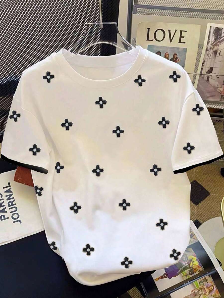 SHEIN 女士宽松休闲短袖圆领花卉印花 T 恤 - 白色 - 查看 1