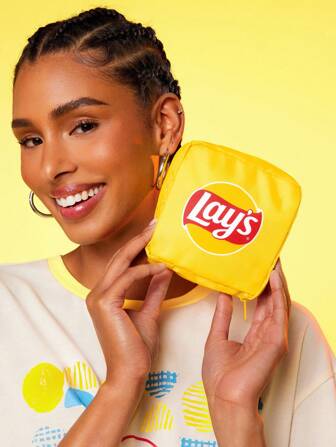 Lay's X SHEIN 1pc Polyester Letter Graphic Storage Pouch, Can Be Used As Sanitary Pad Holder, Electronics Organizer, Small Items Bag, Potato Chips