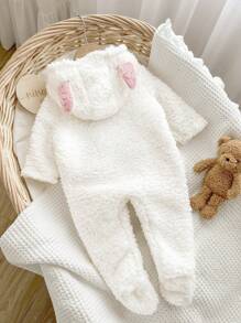 Newborn Baby Girl Cute 3D Ear Hoodie Long Sleeve Contrast Embroidered Plush Romper, Fall/Winter Clothes - White - View 2