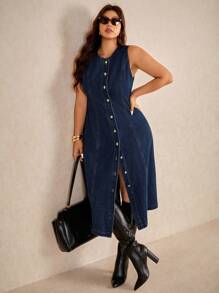 Elaquor 加大码深蓝色牛仔连衣裙无袖背心长裙金属纽扣装饰复古风格商务休闲装女装 - 深色水洗藍 - 查看 6