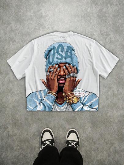 Manfinity Roghcode T-shirt blanc à manches courtes décontracté pour homme, imprimé de figures, style hip hop de rue, été