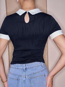 Andrea Bello Contrast Trim Keyhole Back Tee - Navy Blue - View 2