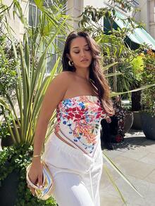 NegzBox Women's Floral Printed Asymmetric Hem Bandeau Top - Apricot - View 4