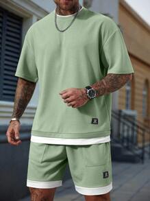 Manfinity CasualCool 男士字母印花圆领短袖休闲 T 恤和抽绳腰短裤套装，夏季街头两件套，舒适服装 - 薄荷綠 - 查看 5