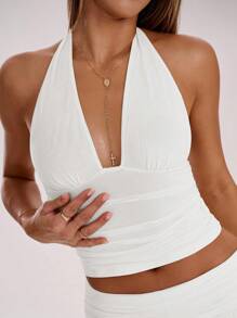 SHEIN BAE Áo hở lưng màu trơn gợi cảm cho nữ, mùa hè - trắng - Xem 4