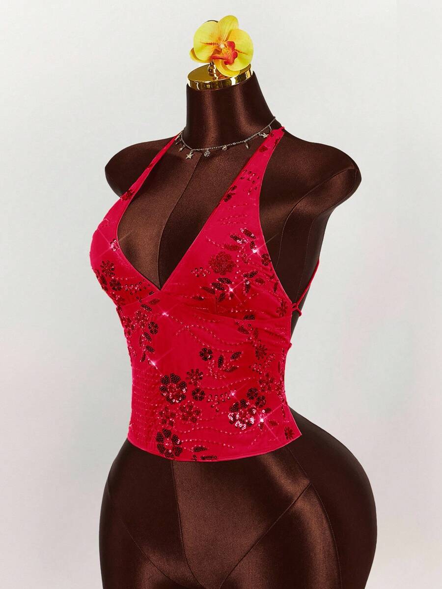 Amplova 2025 新款夏季度假背心，刺绣串珠深 V 领休闲性感女式吊带背心，开学派对 - 酒紅色 - 查看 1