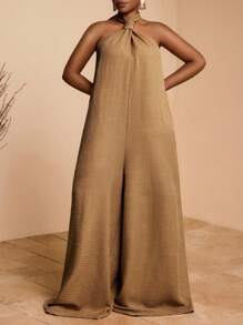 Veslaya 2025 Nouvelle combinaison ample à jambes larges avec nœud torsadé, style ras-du-cou, dos nu sexy, pour festival de musique d'été, mariage, anniversaire, port décontracté quotidien, vacances, croisière, plage, bronzage, rouge-brun, grande taille femme