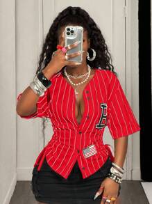 BamGleam Áo thun kẻ sọc họa tiết chữ mùa hè có dây rút bên hông - Đỏ - Xem 7