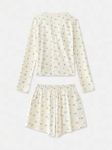 lacRébo 奶油色复古花卉纽扣前长袖上衣和宽松短裤家居服套装，生菜下摆，秋冬秋季服装 - 彩色 - 查看 9