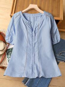 EMERY ROSE Plus Size Cotton Ruffles Splice Hollow-Out Striped Long Blouse, Blue-White, Casual Resort Wear, Suitable For Spring And Summer Country Concert Countrys Women