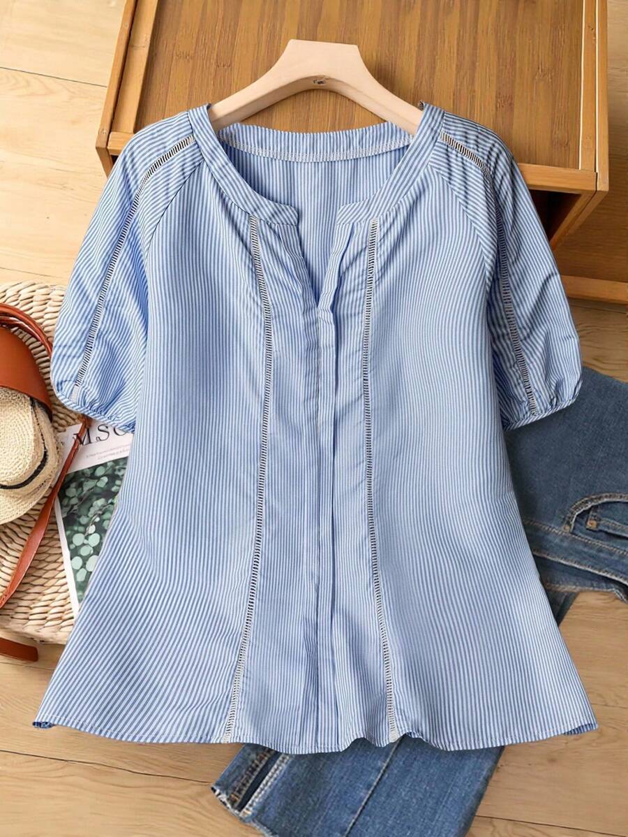 EMERY ROSE Plus Size Cotton Ruffles Splice Hollow-Out Striped Long Blouse, Blue-White, Casual Resort Wear, Suitable For Spring And Summer Country Concert Countrys Women