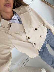 SHEIN EZwear Beige Woven Fabric Bomber Jacket With Lapel Neckline And Buttoned Front Design For Women Cropped Jacket In Fall/Winter - Beige - View 3