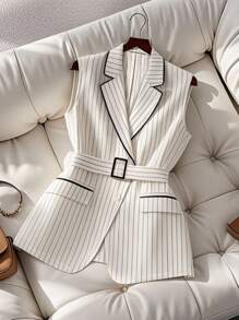 Franclia 女士休闲通勤百搭经典黑白条纹亚麻撞色黑色腰带白色无袖女士西装外套女士办公室服装商务休闲女装精美西装背心复古风格女士秋季女装秋季服装大学服装 - 黑與白 - 查看 1