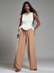 NYA SZN Trouser Tie Elastic Waistband Side Tie Ruched Linen Pants Beach Workwear S Brown - Brown - View 4