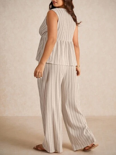 Elaquor Plus Size Casual Vacation Striped Sleeveless A-Line Dress Shirt And Straight Leg Casual Pants 2 Pieces Set