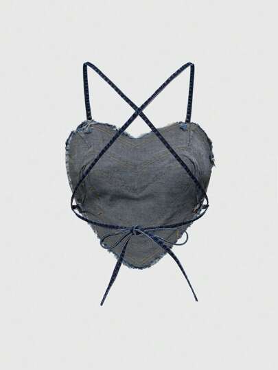 Grunge Punk Y2K Sexy Strapless Heart Tassel Denim Crop Top
