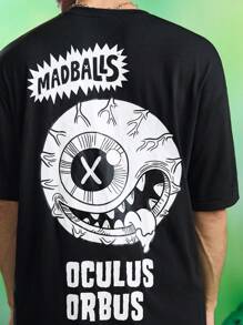 MADBALLS X SHEIN 男式字母与卡通图案黑色圆领短袖T恤 - 黑色 - 查看 3