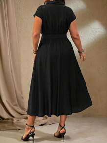 Roveilla 大码女式春夏法式优雅办公休闲连衣裙，V 领，收腰，银色 D 型扣腰带，金属纽扣装饰，A 字长裙 - 黑色 - 查看 2