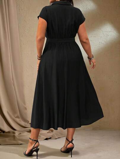 Roveilla Plus Size Women's Black Summer Elegant Office Work Dress,French Spring V-Neck Waist Cinched Silver D-Buckle Belt Metal Button Decor A-Line Long Dress