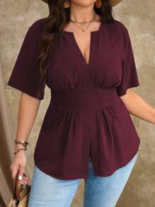 Roveilla Blusa de talla grande con cuello de muesca y dobladillo dividido - Granate - Ver 4