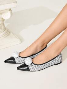 CUCCOO CHICEST Women's Flat Slip-On Shoes, Pointed Toe, Multi-Color Pearl Rose Flower Design, Elegant Outdoor Flats - Black and White - View 4