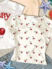 3 件套休闲度假，度假氛围，复古迷你樱桃海滩印花，多巴胺颜色，奶油黄色，奶油白色，青少年女孩休闲修身圆领短袖高腰短款常规 T 恤，适合夏季 - 彩色 - 查看 5