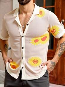 Manfinity VCAY Cárdigan de punto de manga corta ajustado para hombre con diseño jacquard calado, suéter de punto de otoño, camisa floral de verano para hombre, camisa floral abotonada para hombre, camisa floral de punto para hombre, camisa de girasol para hombre - Albaricoque - Ver 5