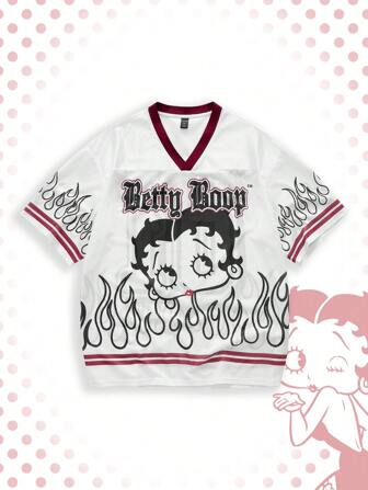 Betty Boop | ROMWE Men's Letter & Figure Graphic V-Neck Short Sleeve T-Shirt
