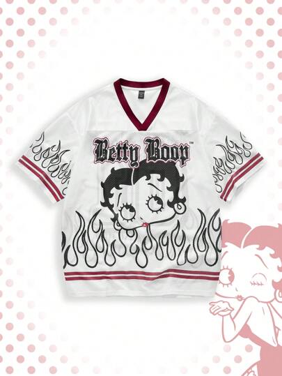 Betty Boop | ROMWE Herren Kurzarm T-Shirt mit Buchstaben- und Zahlengrafik im V-Ausschnitt