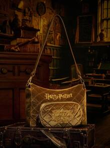HARRY POTTER X SHEIN Women's Fashionable Retro Minimalist Versatile Brown Velvet Quilted Letter Embroidery Shoulder Bag, Suitable For Daily Outing And School - Brown - View 1
