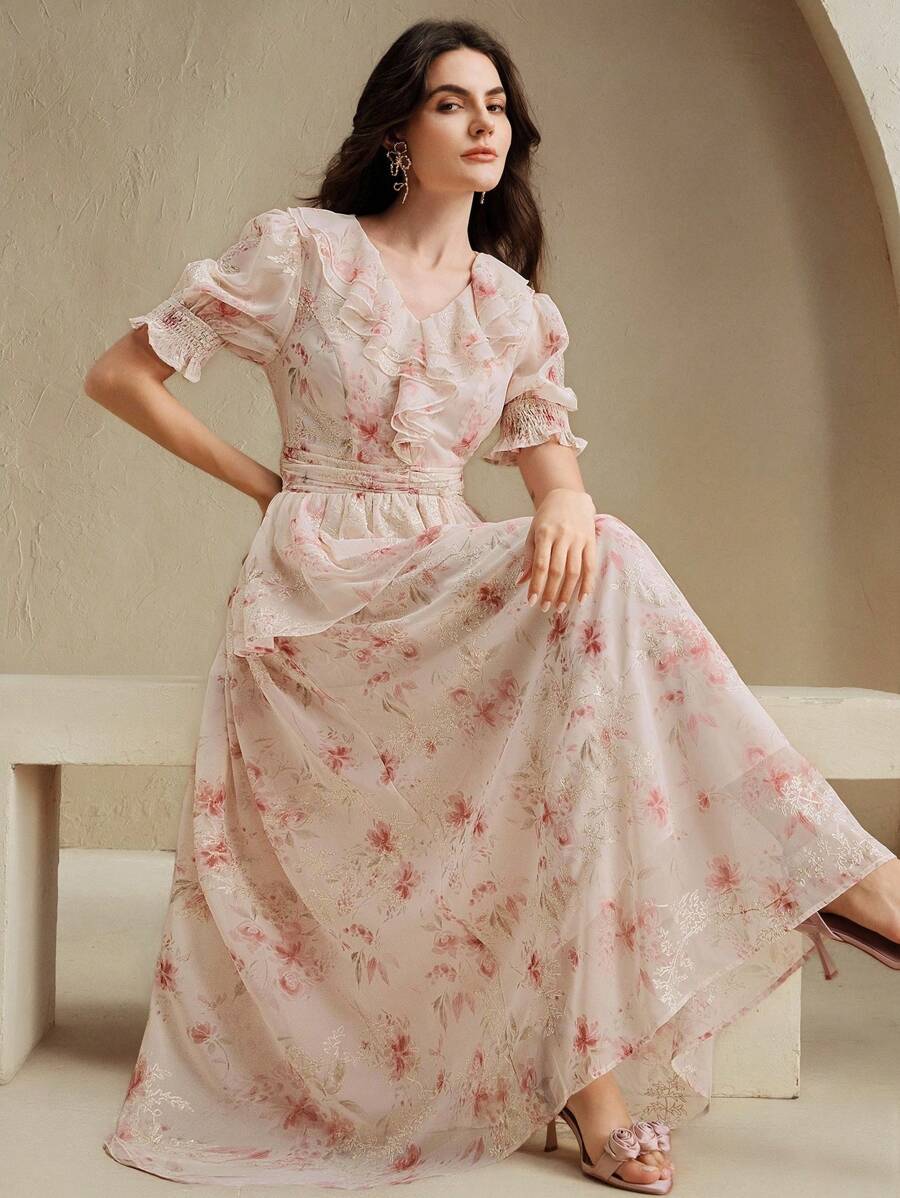 Anewsta Váy dài cao cấp thêu hoa kiểu Pháp thời trang mới cho nữ, đầm dài họa tiết hoa bó sát eo, tôn dáng cho mùa hè - Màu Hồng baby - Xem 1