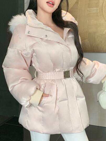 DAZY Abrigo acolchado holgado de mujer con cinturón y cuello de piel, de estilo casual para invierno