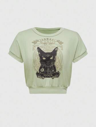 Hippie Camiseta corta de mujer de manga corta con cuello redondo y estampado de sol, luna y estrellas para el verano