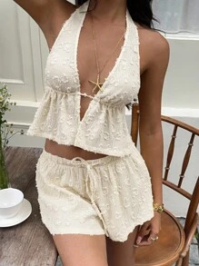 Sunnyshic 女式夏季黄色提花豹纹深 V 露背短款上衣和低腰抽绳宽松短裤两件套，度假海滩性感优雅休闲家居服 - 杏色 - 查看 6