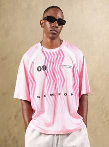 SUMWON Retro Athletics Division Mesh Jersey Streetwear T-Shirt With Wave Pattern Varsity Number Graphics Summer Collection Casual - Pink - View 2