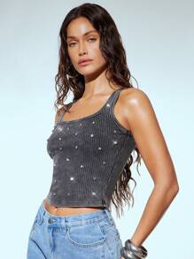 Denimoi 水钻装饰水洗罗纹针织背心 - 深灰色 - 查看 2